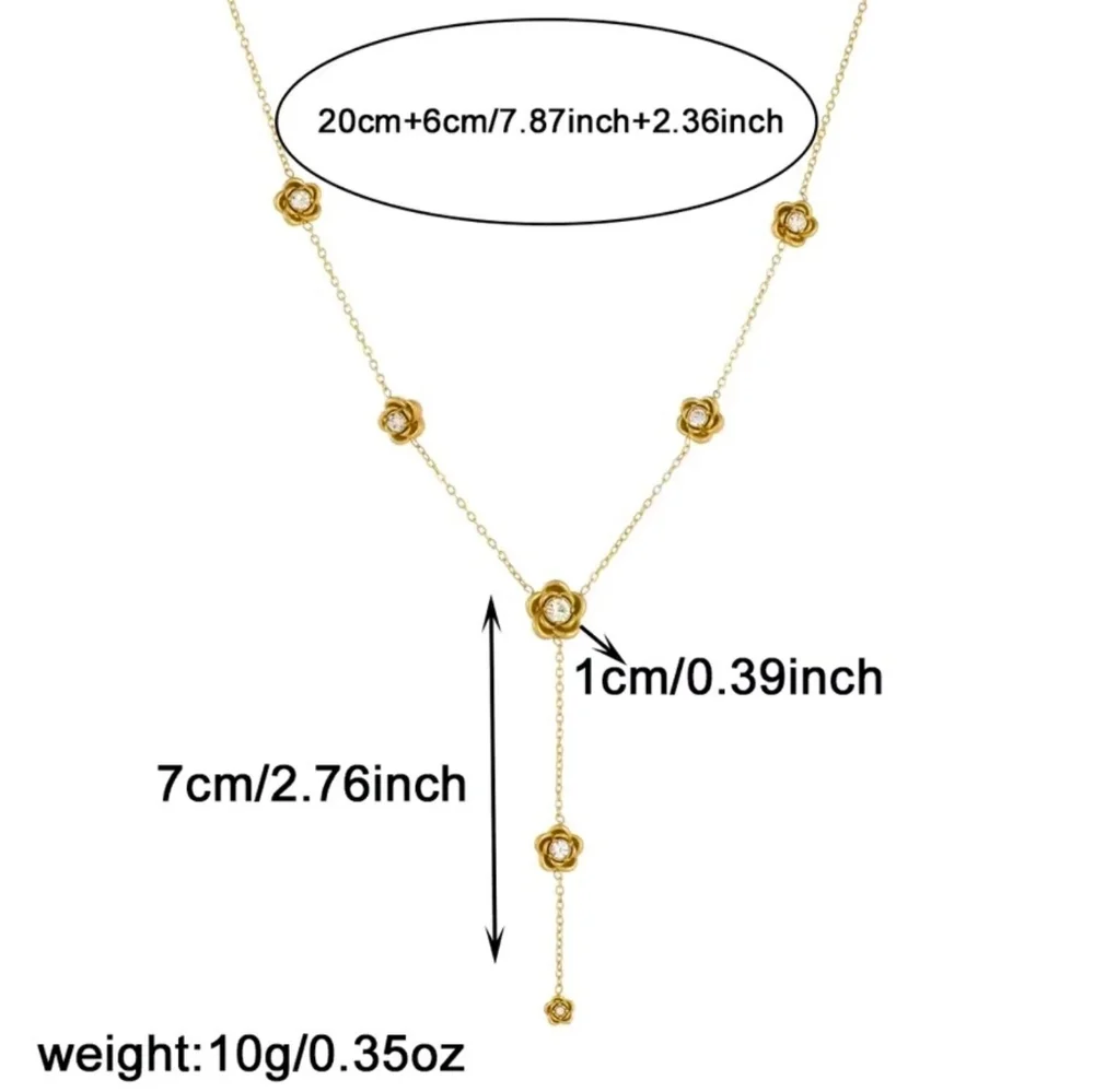 ​18k Gold Plated Rose Lariat Necklace 316L Stainless Steel Floral Zircon Jewel